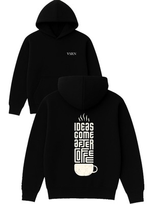 Ideas Come Tasarım Baskılı Oversize Siyah Kapüşonlu Sweatshirt