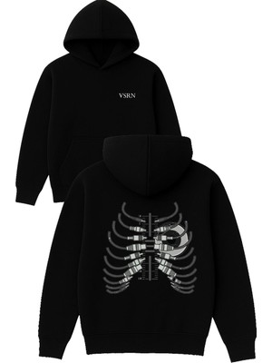 Kablolar Kafes Tasarım Baskılı Oversize Siyah Kapüşonlu Sweatshirt