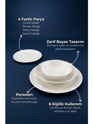 Bambum Naz 24 Parça Yaldızlı Beyaz Yemek Takımı 6 Kişilik Porselen ile Şık Sofralar Kurun