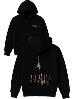 Makina Wine Tasarım Baskılı Oversize Siyah Kapüşonlu Sweatshirt