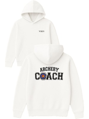 Archery Coach Tasarım Baskılı Oversize Beyaz Kapüşonlu Sweatshirt