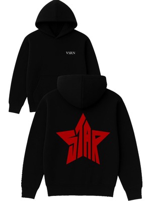 Kırmızı Renkli Star Yıldız Tasarım Baskılı Oversize Siyah Kapüşonlu Sweatshirt