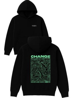 Yeşil Change Tasarım Baskılı Oversize Siyah Kapüşonlu Sweatshirt