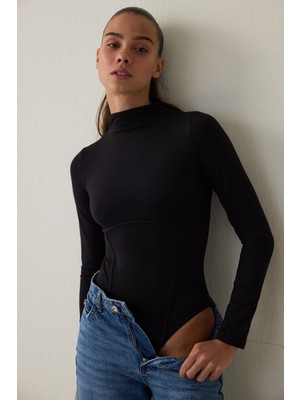 Penti Siyah Yarım Balıkçı Yaka Uzun Kollu Bodysuit