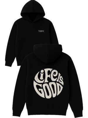 Lıfe Is Good Tasarım Baskılı Oversize Siyah Kapüşonlu Sweatshirt