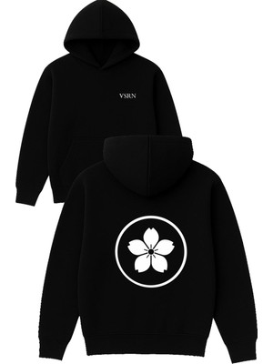 5 Yapraklı Çiçek Tasarım Baskılı Oversize Siyah Kapüşonlu Sweatshirt