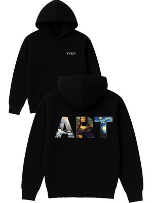 Art Tasarım Baskılı Oversize Siyah Kapüşonlu Sweatshirt