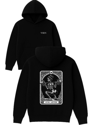 Gym Love Tasarım Baskılı Oversize Siyah Kapüşonlu Sweatshirt