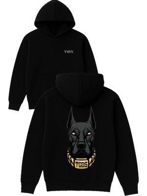Doberman Altın Tasmalı Tasarım Baskılı Oversize Siyah Kapüşonlu Sweatshirt