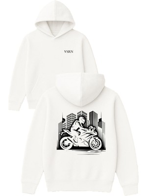 Vsrn Şehirli Motorcu Tasarım Baskılı Oversize Beyaz Kapüşonlu Sweatshirt