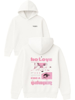 Vsrn No Love Sınner Tasarım Baskılı Oversize Beyaz Kapüşonlu Sweatshirt