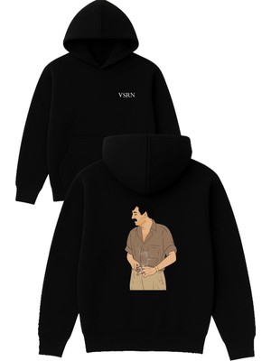 Vsrn Müslüm Baba Ayakta Tasarım Baskılı Oversize Siyah Kapüşonlu Sweatshirt