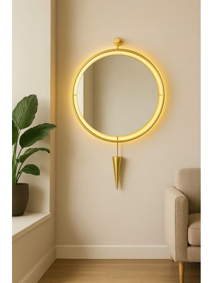 Wallover Design Elara – Kablosuz LED Işıklı Gold Sarkaçlı Ayna | Büyük Boy Dekoratif Tasarım
