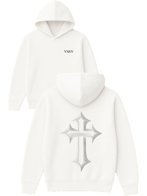 Vsrn Haç Işareti Tasarım Baskılı Oversize Beyaz Kapüşonlu Sweatshirt