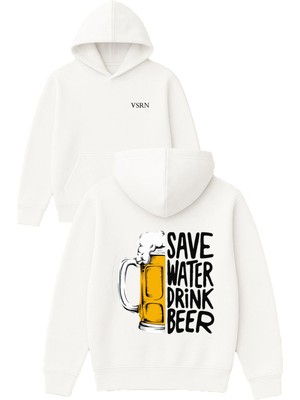 Vsrn Save Water Tasarım Baskılı Oversize Beyaz Kapüşonlu Sweatshirt