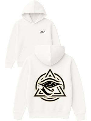 Vsrn Yuvarlak Ucgen Goz Tasarım Baskılı Oversize Beyaz Kapüşonlu Sweatshirt