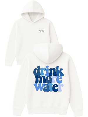 Vsrn Drink More Water Tasarım Baskılı Oversize Beyaz Kapüşonlu Sweatshirt