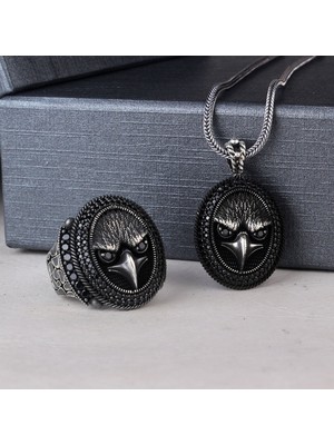 Takı925 925 Ayar Gümüş Mikro Taşlı Kartal Motifli Kolye Yüzük Kombini