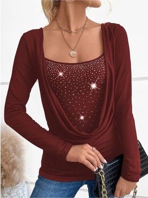 Kadın Uzun Kollu Derin Degaje Yakalı Taşlı Sandy Bluz