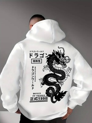 Amor Man Büyük Beden Özel Tasarım Kapüşonlu Japon Ejderha Sırt Baskılı Oversize Erkek Sweatshırt