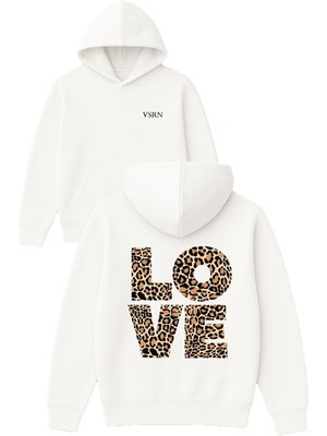 Vsrn Leopar Desenli Love Tasarım Baskılı Oversize Beyaz Kapüşonlu Sweatshirt