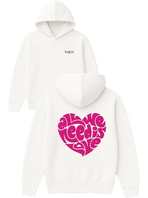 Vsrn All We Needis Rave Tasarım Baskılı Oversize Beyaz Kapüşonlu Sweatshirt