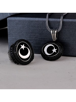 Takı925 925 Ayar Gümüş Mikro Taşlı Ayyıldız Model Kolye Yüzük Kombini