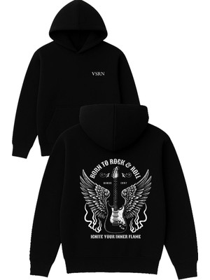 Vsrn Born To Rock And Roll Tasarım Baskılı Oversize Siyah Kapüşonlu Sweatshirt