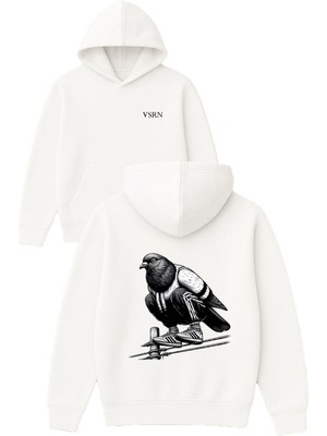 Vsrn Guvercın Tasarım Baskılı Oversize Beyaz Kapüşonlu Sweatshirt