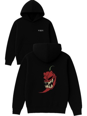 Vsrn Kızgın Bıber Tasarım Baskılı Oversize Siyah Kapüşonlu Sweatshirt