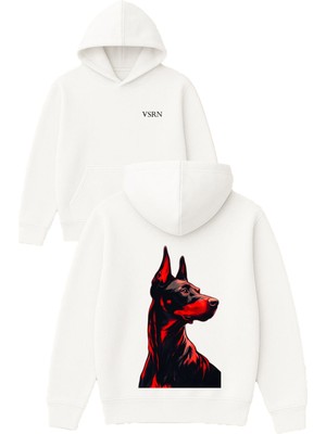 Vsrn Doberman Tatlı Dog Tasarım Baskılı Oversize Beyaz Kapüşonlu Sweatshirt