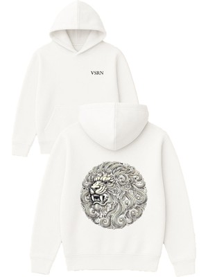 Vsrn Aslan Kıvırcık Yelli Tasarım Baskılı Oversize Beyaz Kapüşonlu Sweatshirt