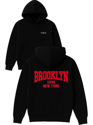Vsrn Brooklyn 1898 New York Tasarım Baskılı Oversize Siyah Kapüşonlu Sweatshirt