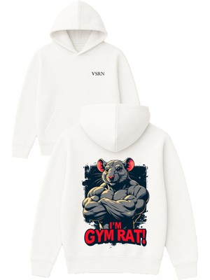 Vsrn Im Gym Rat Tasarım Baskılı Oversize Beyaz Kapüşonlu Sweatshirt
