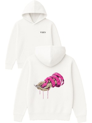 Vsrn Pembe Yılanlı El Tasarım Baskılı Oversize Beyaz Kapüşonlu Sweatshirt