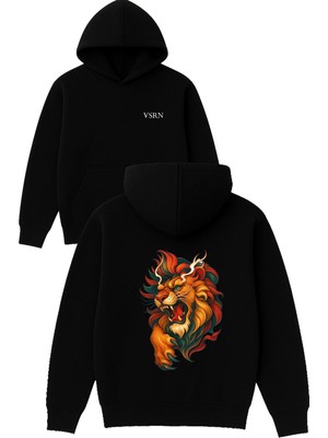 Vsrn Aslan Pencesi Tasarım Baskılı Oversize Siyah Kapüşonlu Sweatshirt
