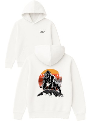 Vsrn Gorıl Kıng Tasarım Baskılı Oversize Beyaz Kapüşonlu Sweatshirt