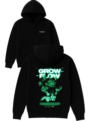 Vsrn Grow Flow Tasarım Baskılı Oversize Siyah Kapüşonlu Sweatshirt
