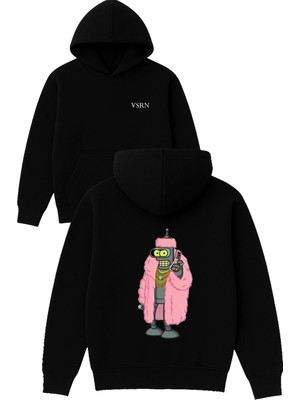 Vsrn Pembe Kurklu Tasarım Baskılı Oversize Siyah Kapüşonlu Sweatshirt