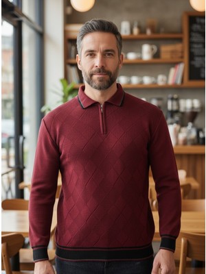 Kamalı Erkek Çelik Örgü Önü Dokulu Gömlek Yaka Fermuarlı Polo Yakalı Tüylenmeyen Triko Kışlık Baba Kazak