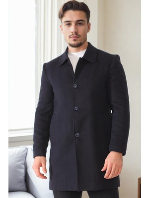 Dewberry Erkek Palto Düz Lacivert %70 Yün %30 Polyester Orta Kalınlık Uzun Kol PLT8364