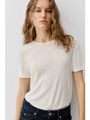 Mavi Kadın Yün Karışımlı Ekru Basic Tişört 1613653-80194