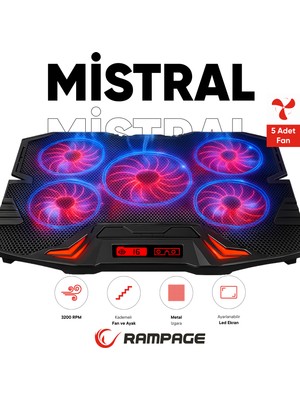 Mistral Kırmızı LED Lşıklı 5 Fanlı Yükseklik Ayarlı LCD Göstergeli Notebook Soğutucu Laptop Soğutucu