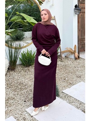 Lamelif Büzgülü Tesettür Elbise Mürdüm