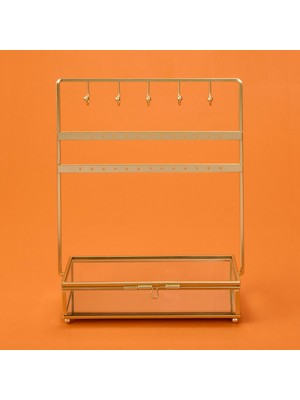 Simple Living Cam Sandıklı Metal Takı Askısı - Altın - 20X7X27 cm