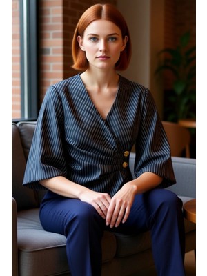 FRM V Yaka Bluz Terrycotton Kumaş Fitted Kalıp Çizgili Günlük Kaliteli Işçilik Şık Görünüm