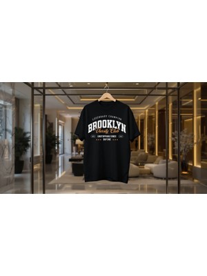 Brooklyn Baskılı Unisex Bisiklet Yaka Pamuk Oversize T-Shirt