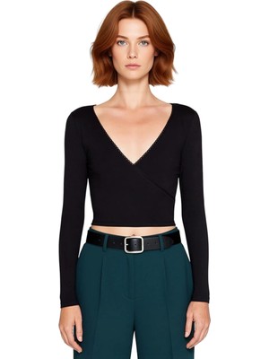 Ersefa Moda Kruvaze Örme Slim Düz Desen Casual Günlük Crop Uzun Kol Bluz