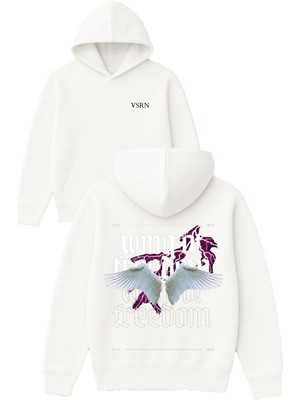 Vsrn Wing Of Tasarım Baskılı Oversize Beyaz Kapüşonlu Sweatshirt