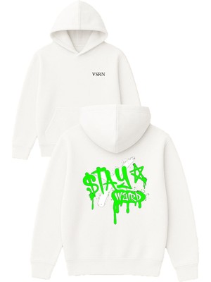 Vsrn Yeşil Stay Weırd Tasarım Baskılı Oversize Beyaz Kapüşonlu Sweatshirt